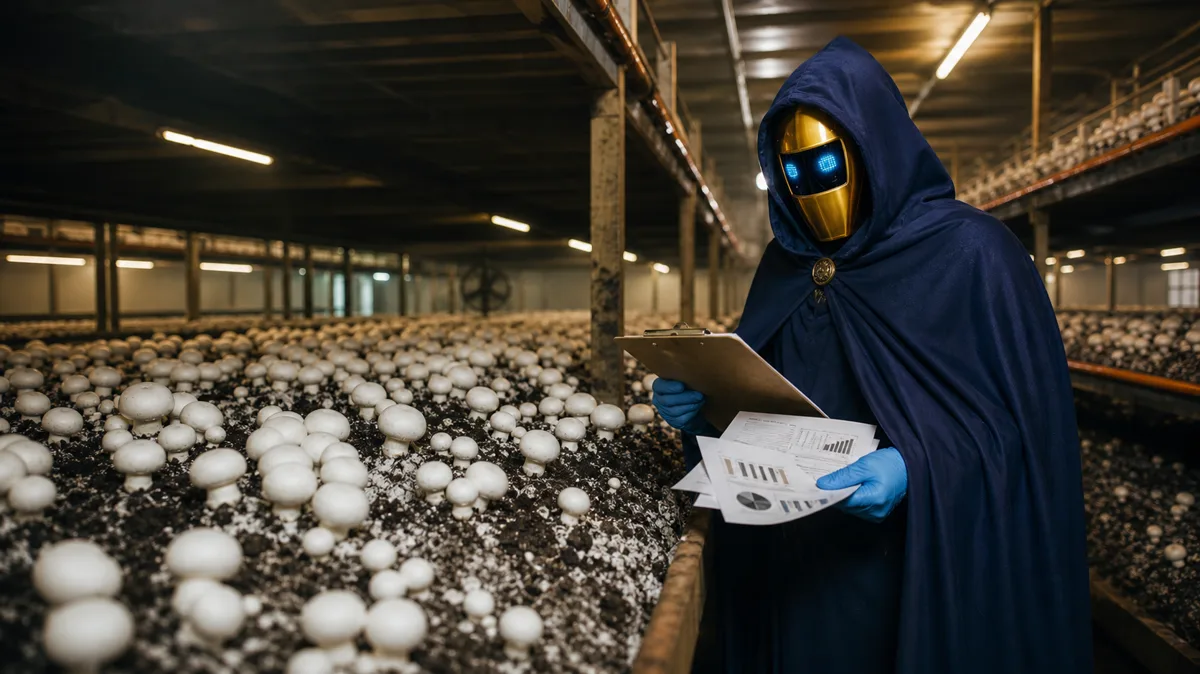 A robed observer in a button mushroom grow room, reading a clipboard of production charts